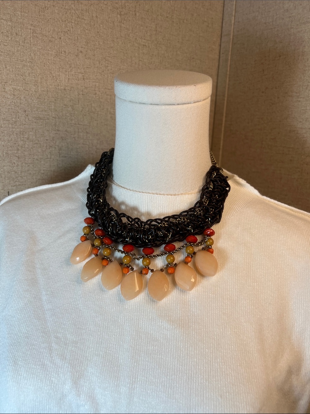 Coldwater Creek Black Chain Necklace with Cream and Coral Accents